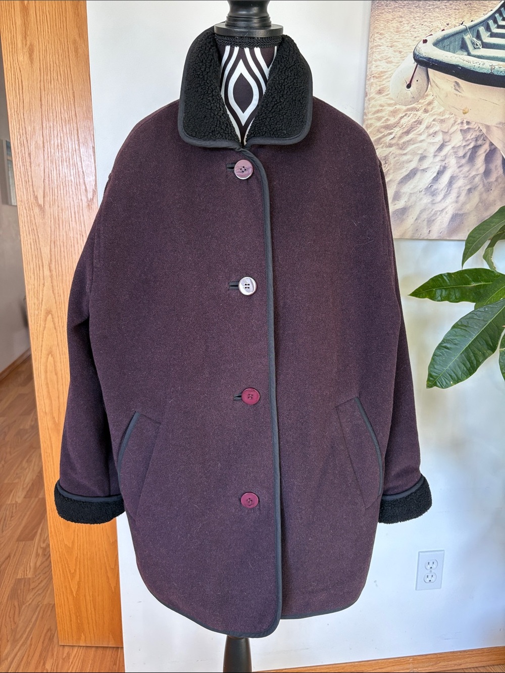 Women's Plum Bomber Coat with Black Shearling Trim part wool